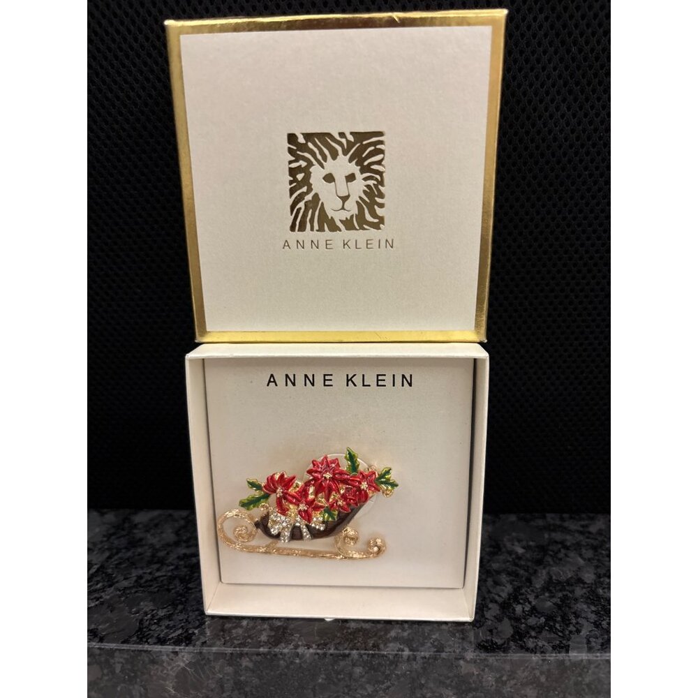 Anne Klein Sleigh Brooch With Red Flowers & Gold Plating NIB